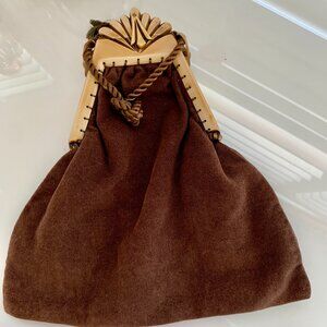 Vintage Brown Embroidered Handbag with Celluloid Handle